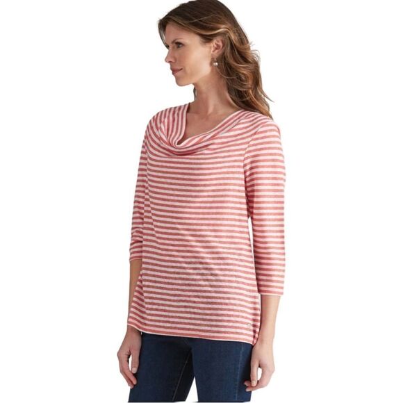 W. Lane Deep Orange White Stripe Linen 3/4 Sleeve Cowl Neck Shirt - Picture 1 of 13